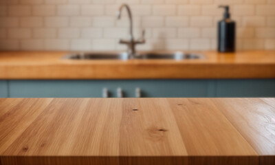 Wooden table with blurred kitchen sink background, modern cozy home interior mockup for food, cooking, and lifestyle product display.