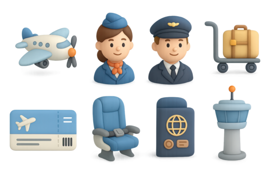 3d aviation icons featuring pilots, flight attendant, airplane, and travel es…