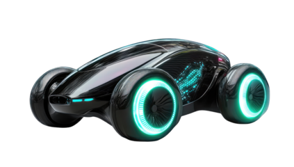Futuristic black electric vehicle with glowing teal accents