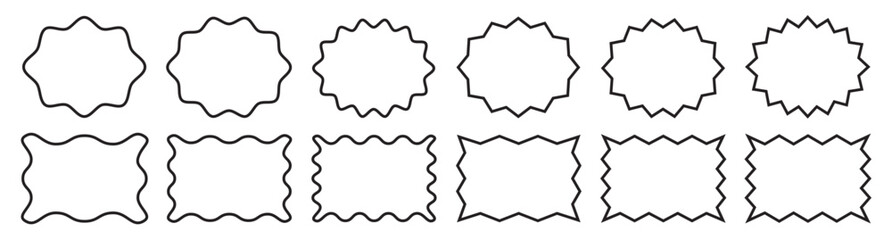 Set of Zigzag outline frame. A collection of 12 geometric frame shapes outlined with bold zigzag lines. Vector Illustration.