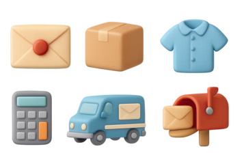 Soft 3d icons of mailbox, package, shirt, calculator, and delivery van