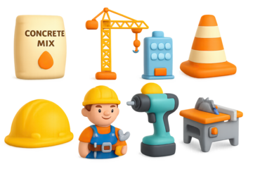 Construction toys set in soft 3d style featuring tools and machinery