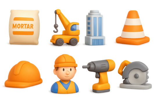 Construction tools and equipment in 3d with worker and building elements