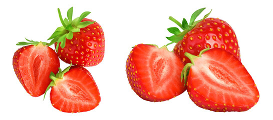 Strawberry half isolated on white background. Fresh berry with depth of field. Top view. Flat lay.