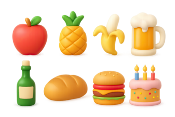 Bright 3d icons of fruits, food, and drinks on gradient background
