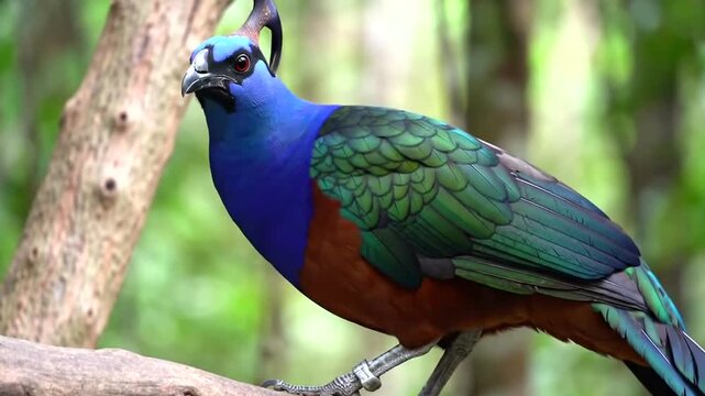 A striking male crested fireback pheasant with vibrant blue and green plumage perched on a mossy tree branch in its natural rainforest habitat, showcasing its unique crest and colorful feathers