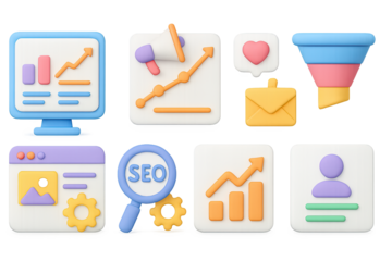 Colorful 3d icons for digital marketing and seo concepts