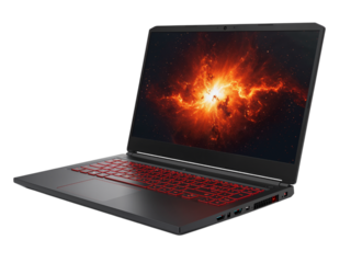 Modern gaming laptop with vibrant fiery screen display and illuminated red keyboard transparent background