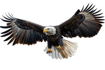 Bald eagle in flight with detailed feathers PNG on transparent background ideal for wildlife design projects and nature-themed graphics