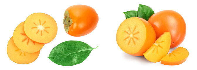 persimmon fruit with slices isolated on white background. Top view. Flat lay pattern