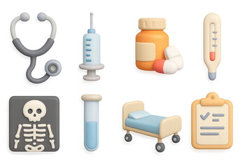 3d medical icons: stethoscope, syringe, pills, and more in soft warm tones