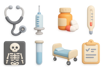 3d medical icons: stethoscope, syringe, pills, and more in soft warm tones