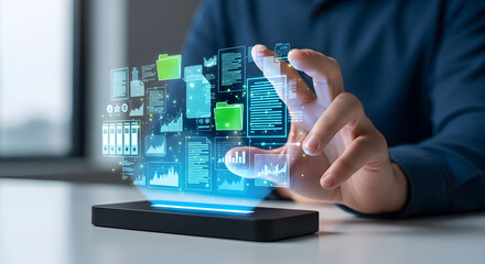 Modern business professional interacting with data analytics interface on digital device