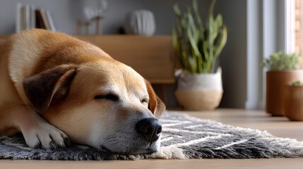 Calm, Sleeping Dog Relaxing on a Cozy Carpet in a Sunlit Indoor Home Environment