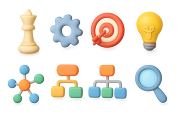 Glowing 3d icons: strategy, innovation, and analysis symbols