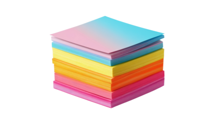 Stack of assorted colorful sticky post-it note papers isolated on transparent background in PNG format for office and school supplies