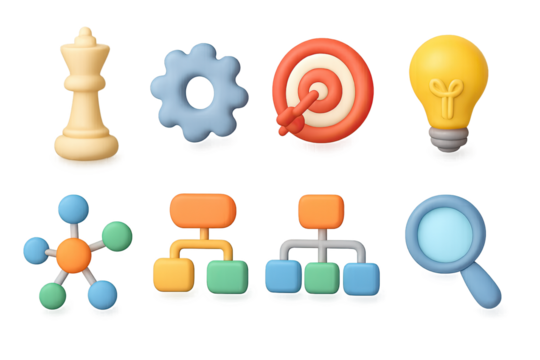 Glowing 3d icons: strategy, innovation, and analysis symbols