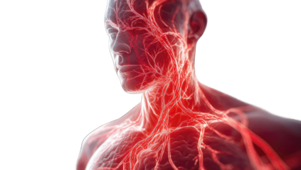 Anatomical illustration of the human head and neck, highlighting vascular system