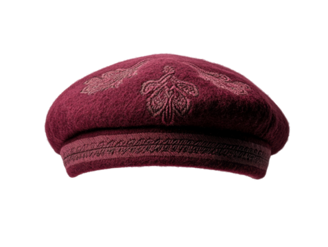 Elegant maroon beret with intricate embroidery designs on soft textile