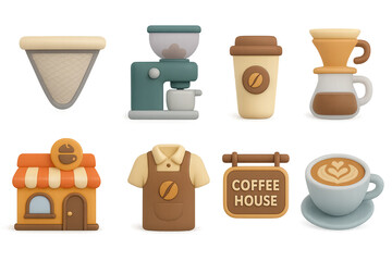 3d coffee shop icons: cozy cafe vibes with cups, machines, and barista signs
