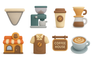 3d coffee shop icons: cozy cafe vibes with cups, machines, and barista signs
