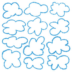Set of clouds. Cloud icon. Blue line clouds. Different shape cartoon abstract white cloudy set isolated vector decoration element illustration. Weather climate symbol computing, cartoon bubble sign