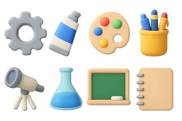Educational tools in 3d style: gear, paint, telescope, and blackboard