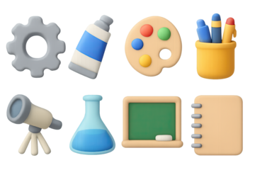 Educational tools in 3d style: gear, paint, telescope, and blackboard