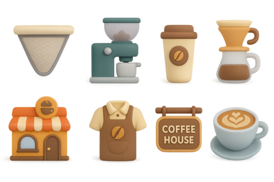 3d coffee shop icons: cozy cafe vibes with cups, machines, and barista signs