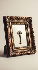 Ornate antique-style picture frame with a key.