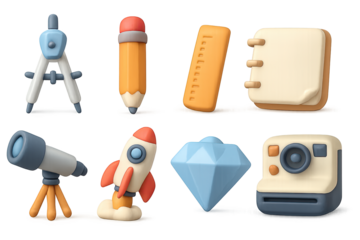 Colorful 3d icons set featuring stationery and gadgets in modern design