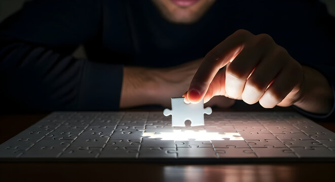 Person solving puzzle, completing the missing piece, achieving success with problem-solving skills