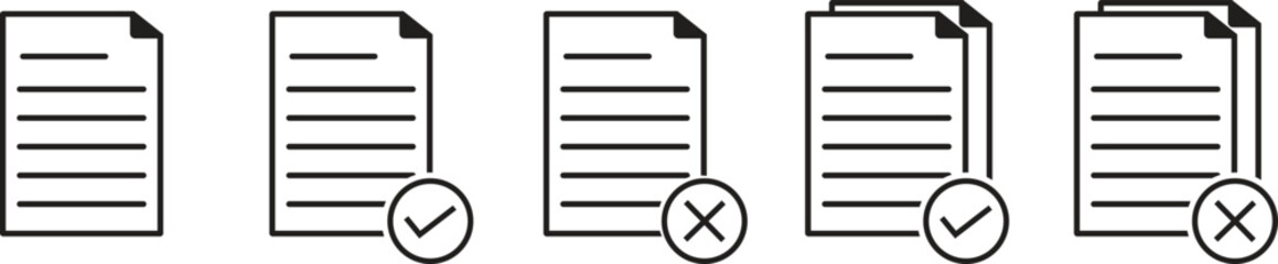 Document file icon set with check and cross marks representing approved, rejected, and pending status, simple line style paperwork symbols for digital, office, and business use.