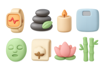 Soft 3d wellness icons featuring spa candle, bamboo stalks, and lotus flower
