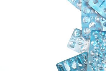 Empty blister packs isolated on white background. Healthcare and medicine concept, top view