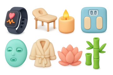 Soft 3d icons of wellness and relaxation: fitness, spa, and self-care elements