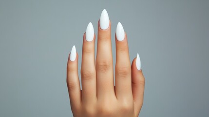 Elegant white pointed nail design showcased against a soft background