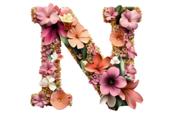 Letter 'n' with 3d floral elements in studio lighting- PNG transparent background
