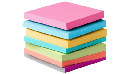 Stack of assorted colorful sticky post-it note papers isolated on transparent background in PNG format for office and school supplies