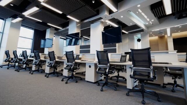 Contemporary educational space featuring conference table, seating, and digital display monitors