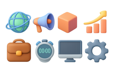 3d icons set with business and technology elements in neon glow style