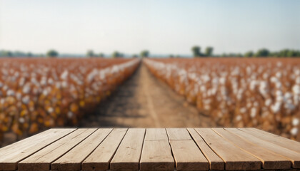 Wooden table with blurred cotton field at sunset, warm natural light background for product display, agriculture and organic lifestyle concept.