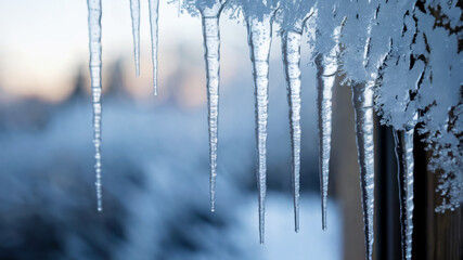 Crystalline icicles with air bubbles on frosted glass, birch twigs dusted with snow, diffused light, serene winter scene, concept of cold season