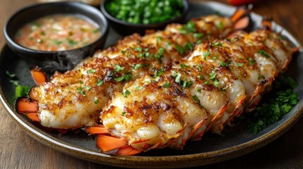 Grilled lobster tails with garlic butter, served with salsa and chopped chives on a dark plate.