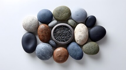 Decorative Smooth Stones and Pebbles Arranged Harmoniously on a Minimalist Background