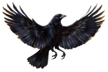 High-resolution image of a crow with wings slightly spread- isolated on a transparent background- perfect for graphic design and artistic projects.