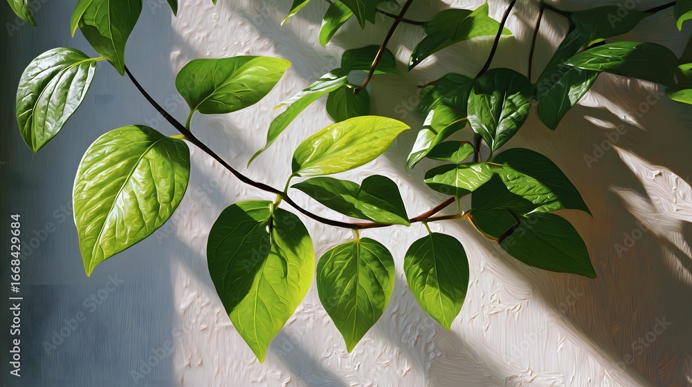 Poster close-up of green leaves illuminated by soft sunlight with shadows on a textured background