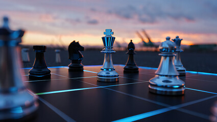 Chess pieces are positioned on a board against a blurred sunset backdrop