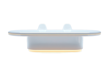 Oval, light-grey reception desk