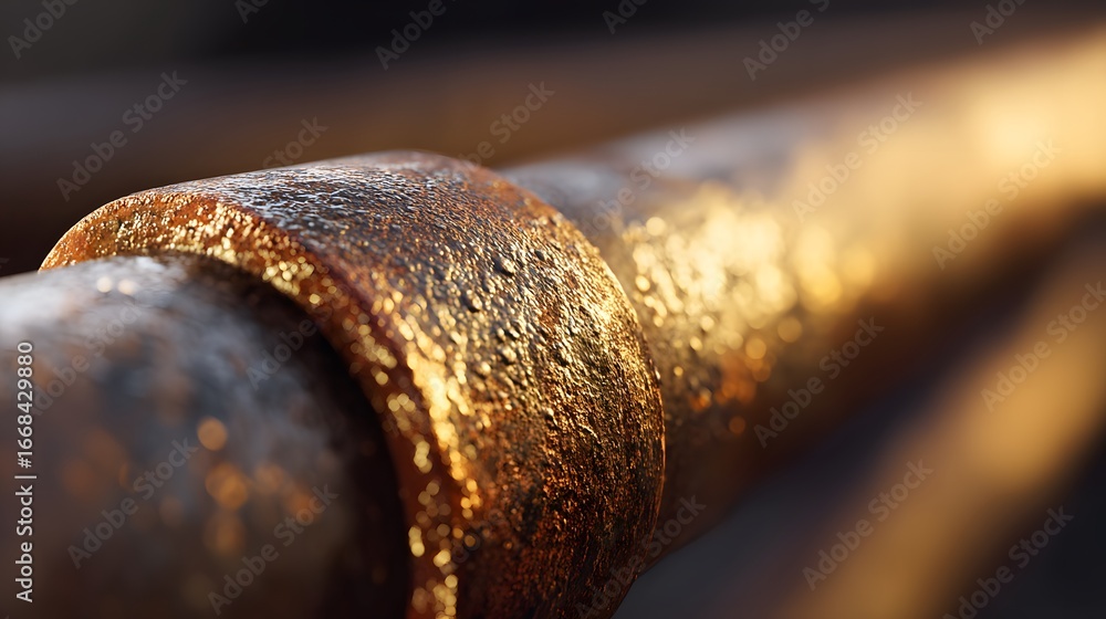 Poster closeup of rusty metal pipe with intricate texture and glimmers of light in industrial setting